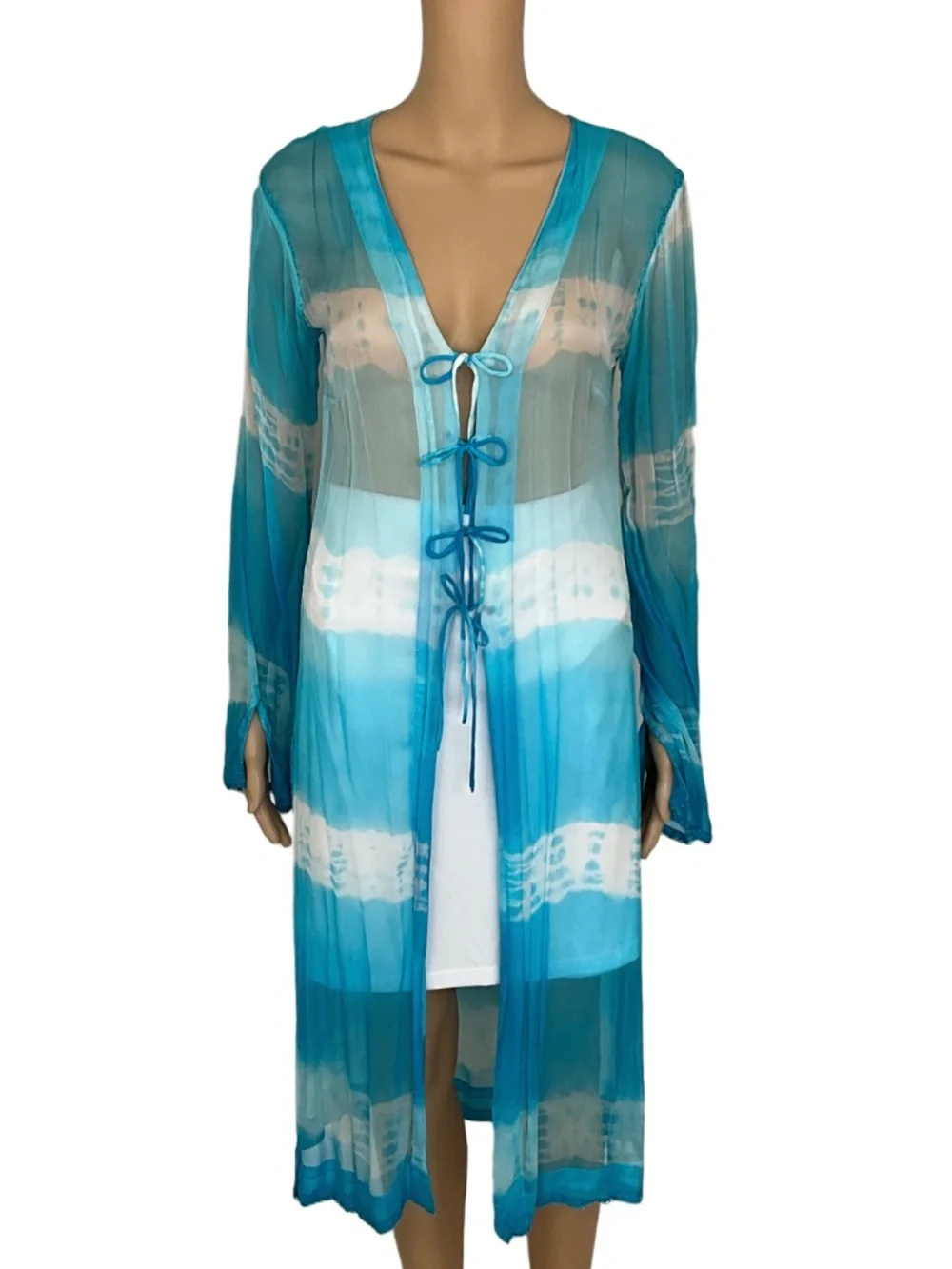 Silk Blue White Swim Beach Cover Up Cardigan Duster Size M
